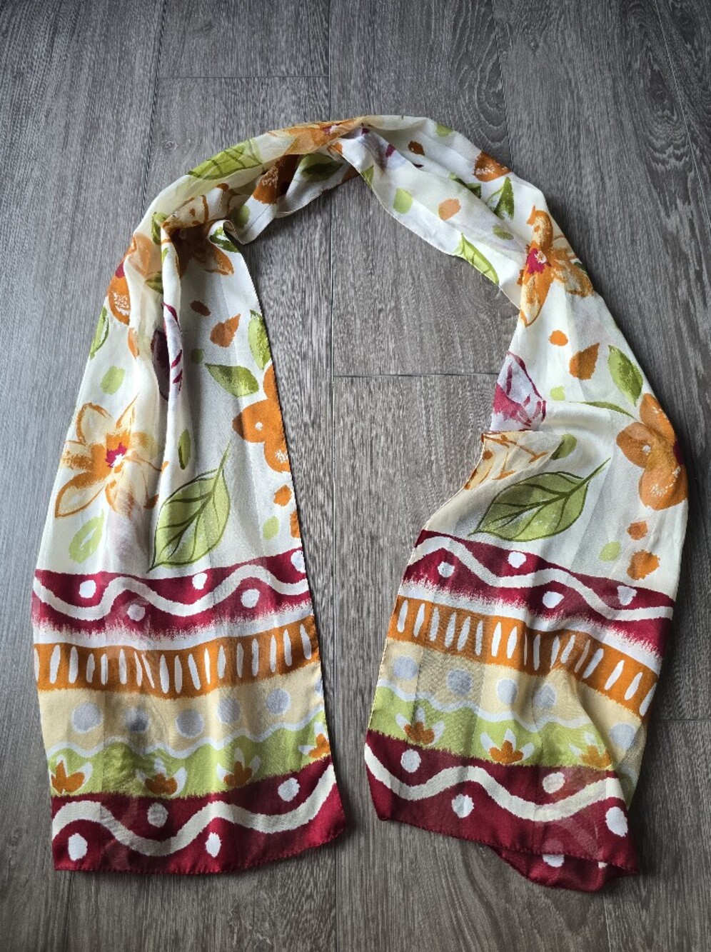 Watercolor Floral Oblong Scarf Boho Ikat Border Orange Green Made in Italy Long